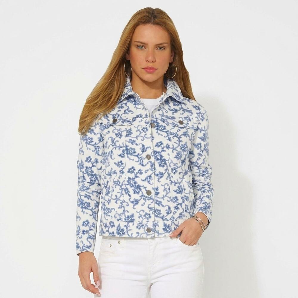 Lauren Jeans Co. Ralph Lauren Floral Denim Trucker Jacket Blue White Size Large